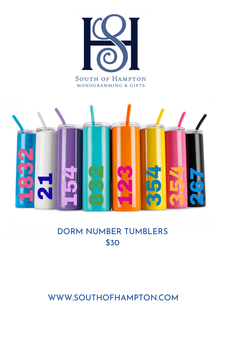Personalized Skinny Tumbler with Straw – Dorm Number| Multiple Colors