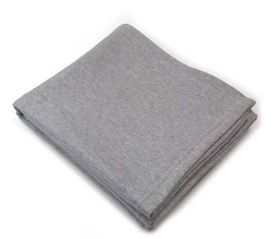 A navy blue sweatshirt blanket folded and laid flat.