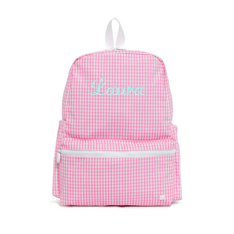Pink gingham backpack with 'Laura' embroidered on a white background