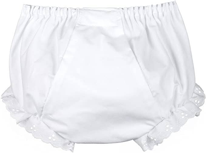 White baby diaper cover with eyelet trim around the edge, displayed on a baby mannequin.