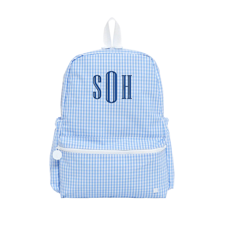Blue checkered backpack with 'SOH' monogram on a white background
