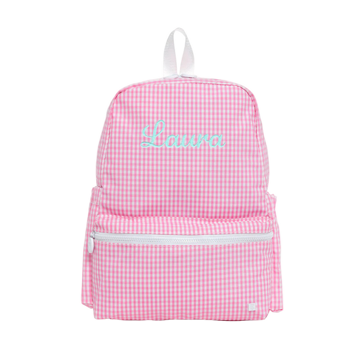 Pink gingham backpack with 'Laura' embroidered on a white background