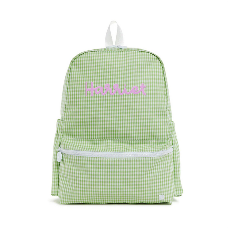 Green checkered backpack with 'Harriet' branding on a white background