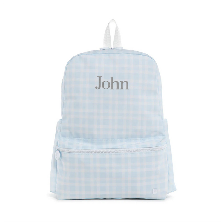 Light blue checkered backpack with 'John' embroidery on a white background