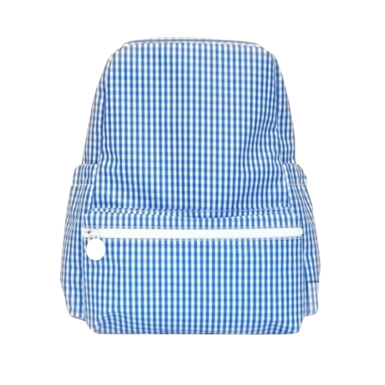 A blue and white checkered backpack with a front zip pocket and adjustable padded straps.