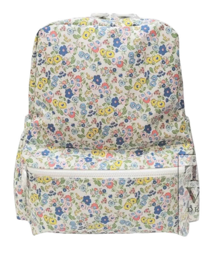 Floral-patterned backpack on a white background