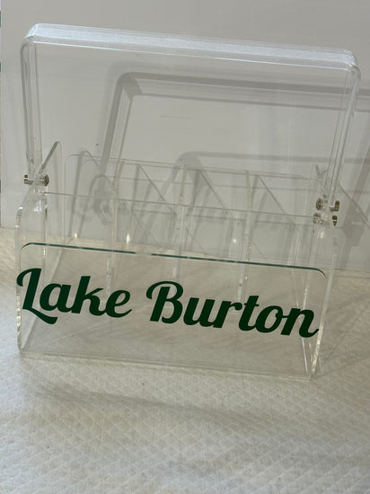 Clear acrylic block with 'Lake Burton' text on a textured surface