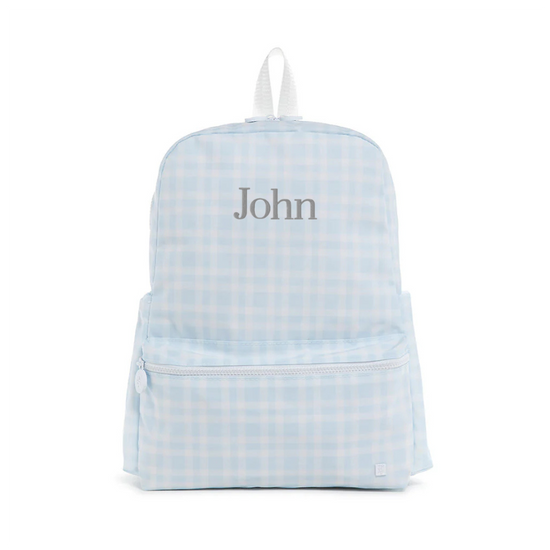 Light blue checkered backpack with 'John' embroidered on a white background