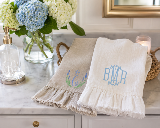 Personalized Ruffle Linen Guest Towel | Custom Embroidered Linen Hand Towel