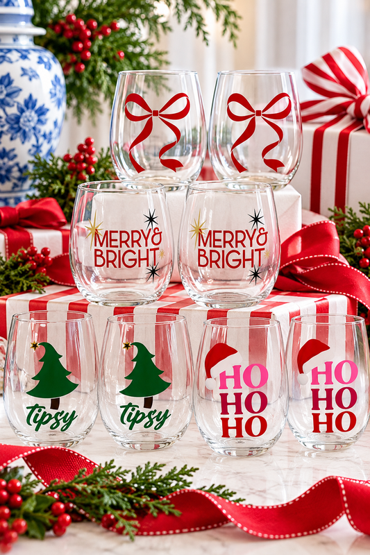 Festive Stemless Wine Glasses (set of 2)