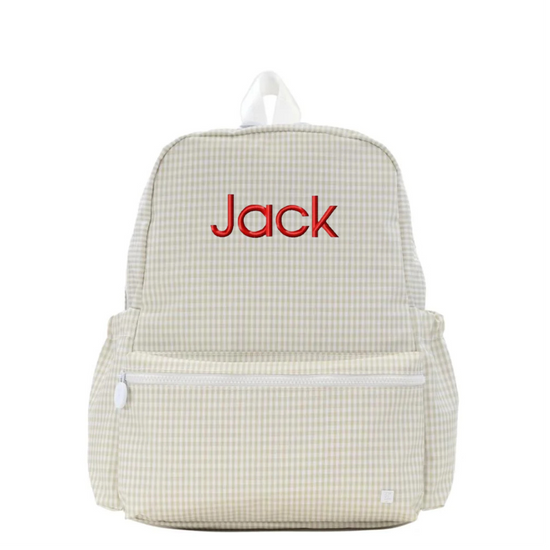 Beige checkered backpack with 'Jack' embroidered on a white background