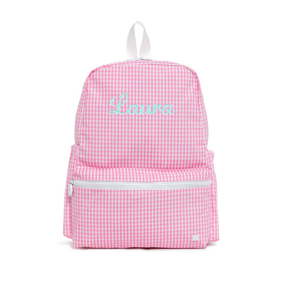Pink gingham backpack with 'Laura' embroidered on a white background