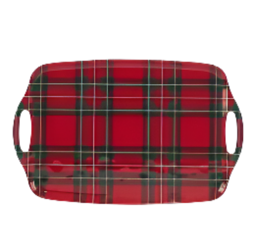 Christmas Plaid Melamine Rect Tray W Handles 19x12in