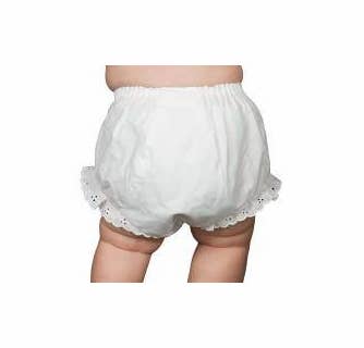 White baby diaper cover with eyelet trim around the edge, displayed on a baby mannequin.