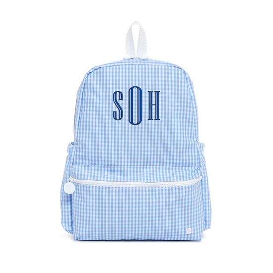 Blue checkered backpack with 'SOH' monogram on a white background