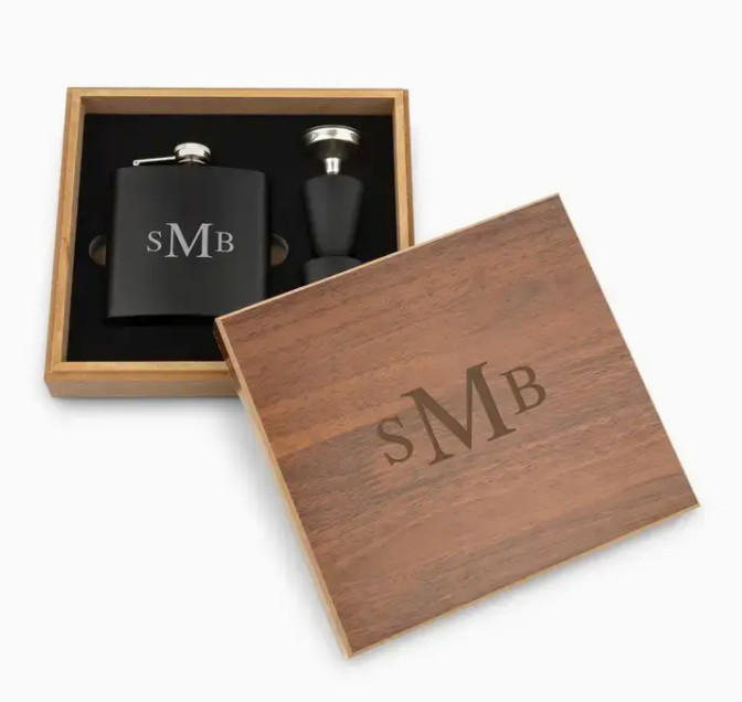 Wood Gift Box with Black Metal Flask Set