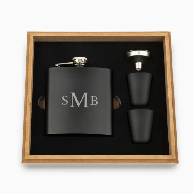 Wood Gift Box with Black Metal Flask Set