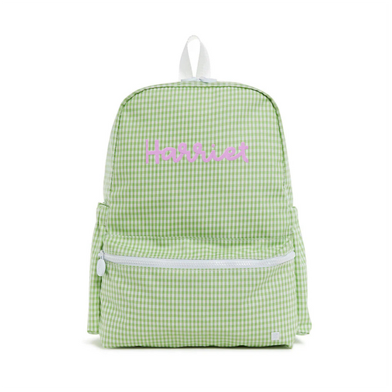 Green checkered backpack with 'Harriet' branding on a white background