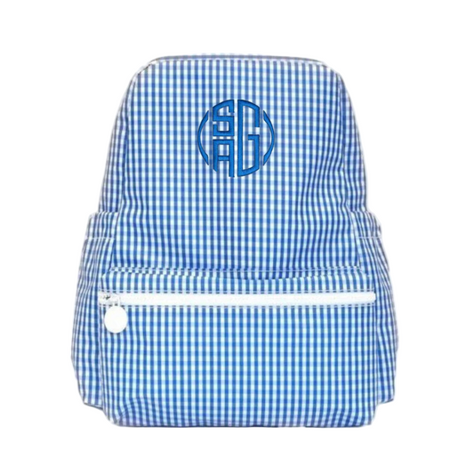 Blue and white checkered backpack with a monogram on a white background