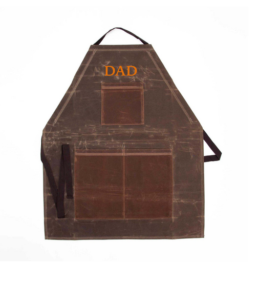 Brown apron with 'DAD' text on a white background