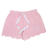 A pair of women's seersucker scallop lounge shorts in blue with a white drawstring waistband, displayed against a white background.