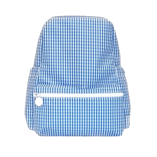 A blue and white checkered backpack with a front zip pocket and adjustable padded straps.