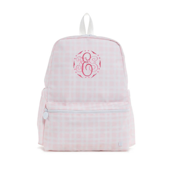 Pink checkered backpack with a monogram on a white background